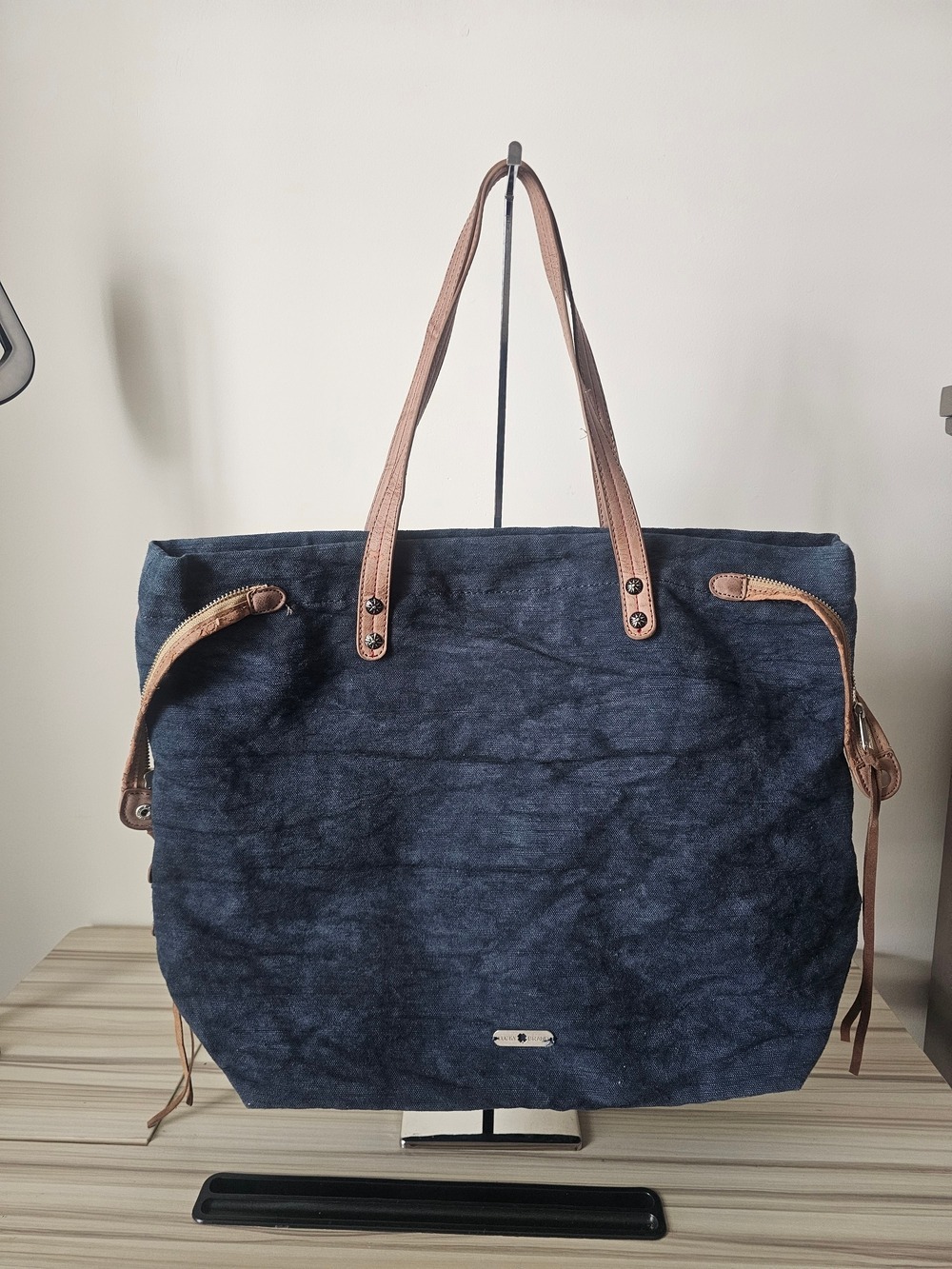 Lucky Brand Navy Canvas Large Tote with Multicolor Stripe Trim and Tan Handles - Picture 2 of 5